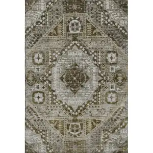 Photo of Khaki Ivory And Brown Diamond Washable Area Rug With UV Protection