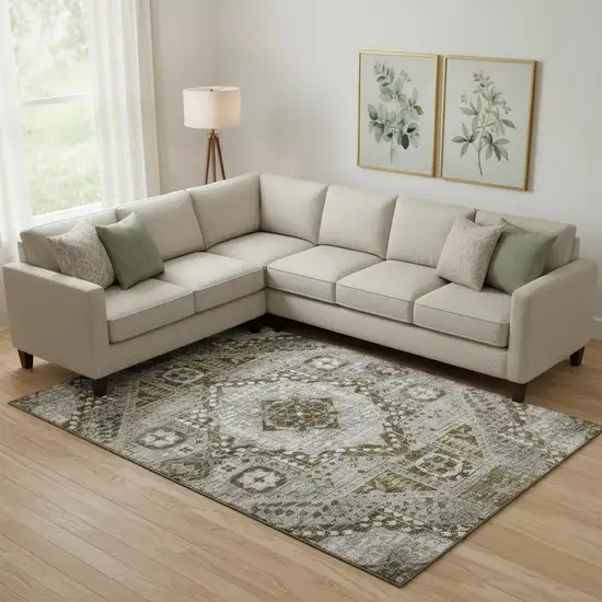 Khaki Ivory And Brown Diamond Washable Area Rug With UV Protection Photo 2