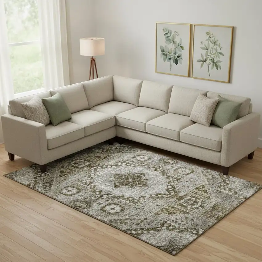 Khaki Ivory And Brown Diamond Washable Area Rug With UV Protection Photo 2