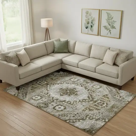 Khaki Ivory And Brown Diamond Washable Area Rug With UV Protection Photo 2