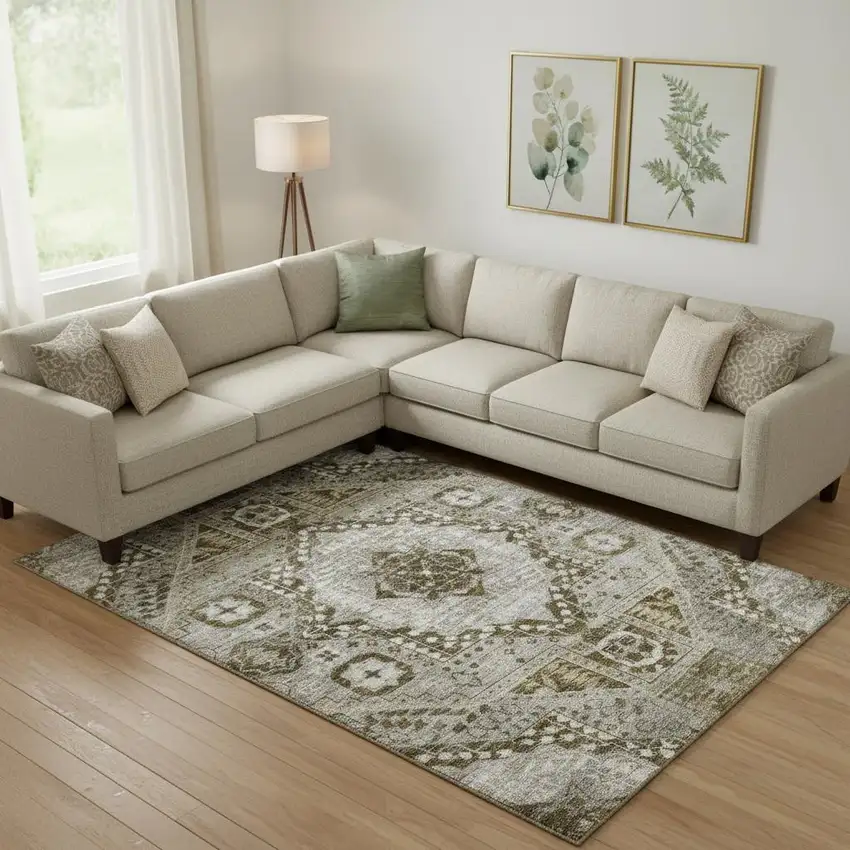 Khaki Ivory And Brown Diamond Washable Area Rug With UV Protection Photo 2