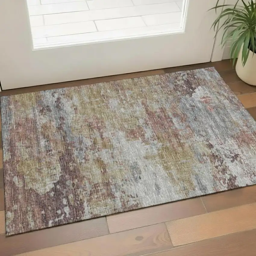 Khaki Ivory And Gray Abstract Washable Area Rug With UV Protection Photo 2