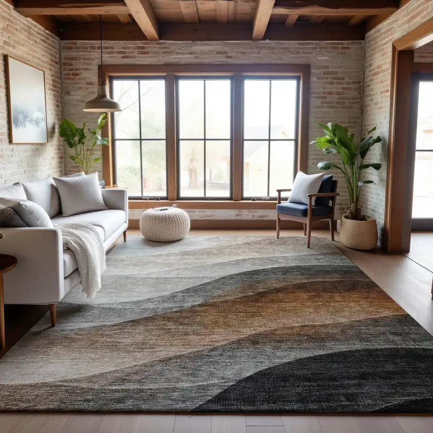 Khaki Ivory And Gray Abstract Washable Area Rug With UV Protection Photo 3