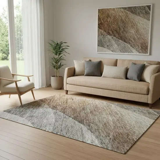 Khaki Ivory And Gray Abstract Washable Area Rug With UV Protection Photo 2