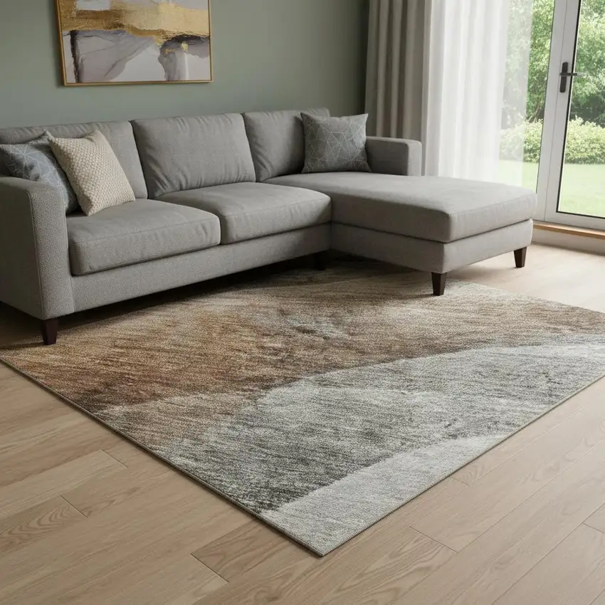 Khaki Ivory And Gray Abstract Washable Area Rug With UV Protection Photo 2