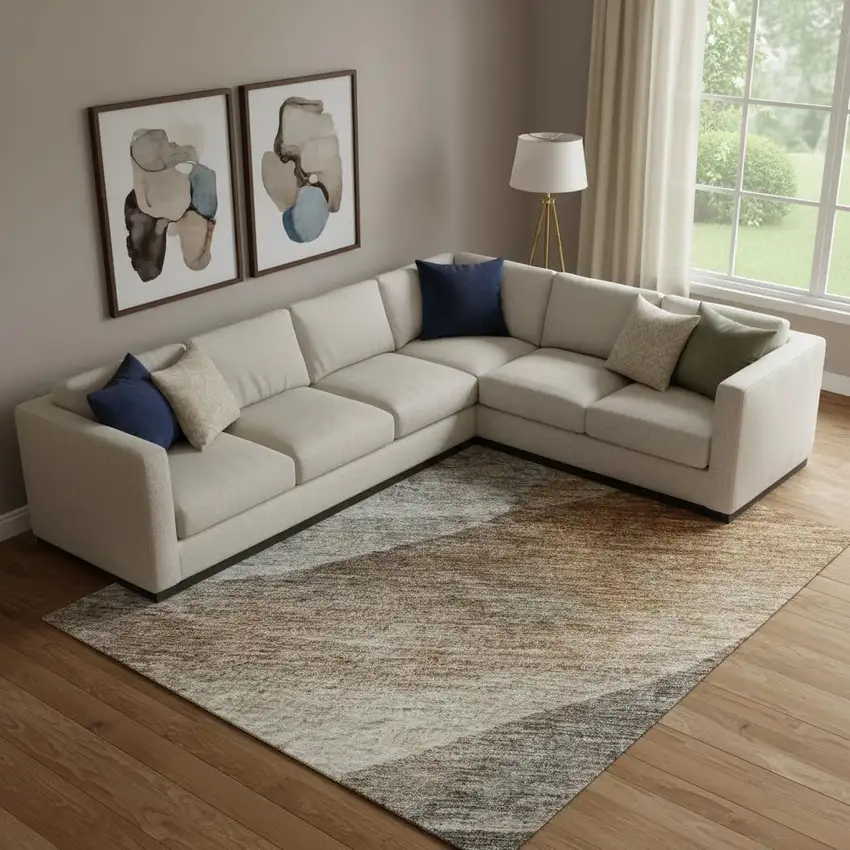 Khaki Ivory And Gray Abstract Washable Area Rug With UV Protection Photo 2