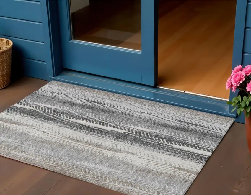 Khaki Ivory And Gray Botanical Leaves Washable Indoor Outdoor Area Rug Photo 1