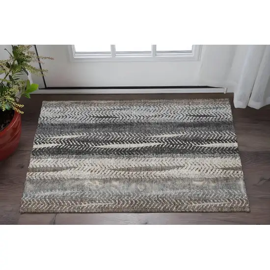 Khaki Ivory And Gray Striped Washable Area Rug With UV Protection Photo 3