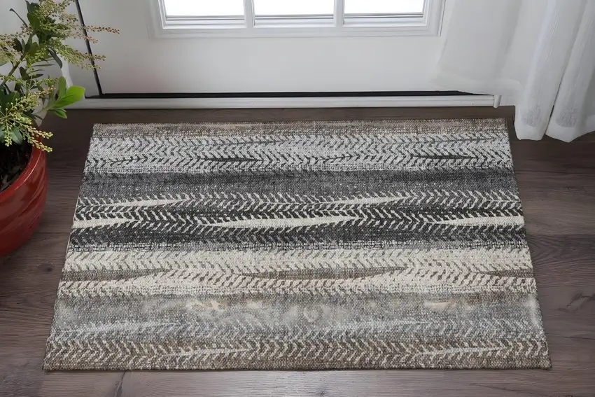 Khaki Ivory And Gray Striped Washable Area Rug With UV Protection Photo 3