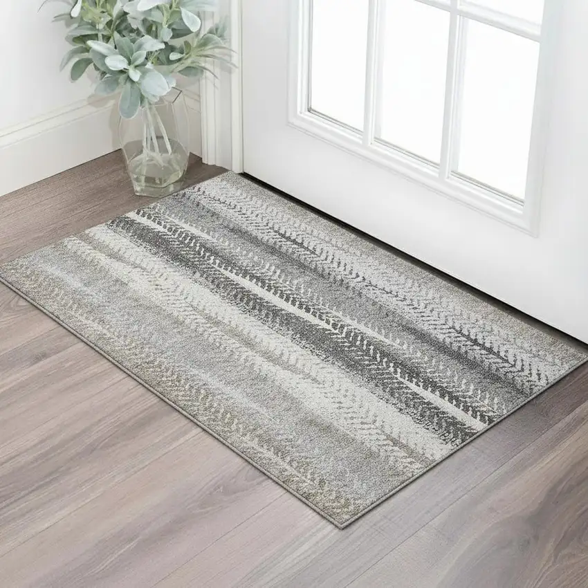 Khaki Ivory And Gray Striped Washable Area Rug With UV Protection Photo 1