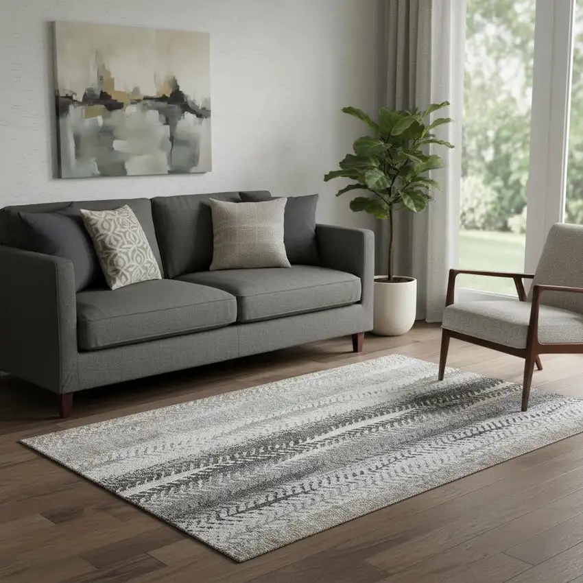 Khaki Ivory And Gray Striped Washable Area Rug With UV Protection Photo 1