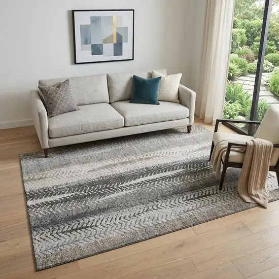 Khaki Ivory And Gray Striped Washable Area Rug With UV Protection Photo 1