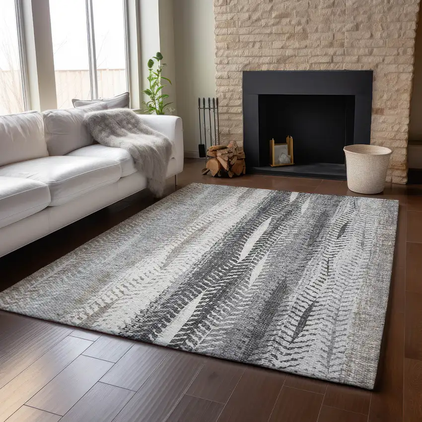 Khaki Ivory And Gray Striped Washable Area Rug With UV Protection Photo 4