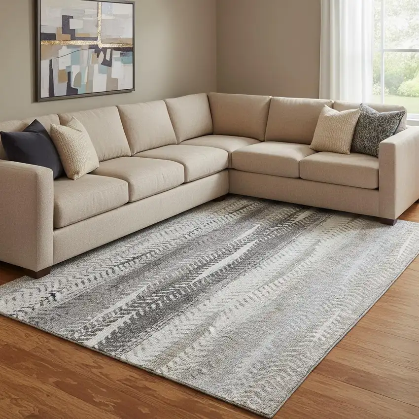 Khaki Ivory And Gray Striped Washable Area Rug With UV Protection Photo 1