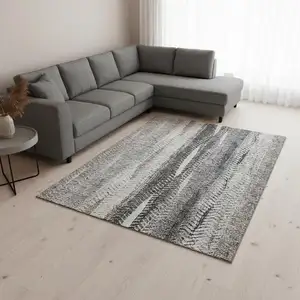 Photo of Khaki Ivory And Gray Striped Washable Area Rug With UV Protection