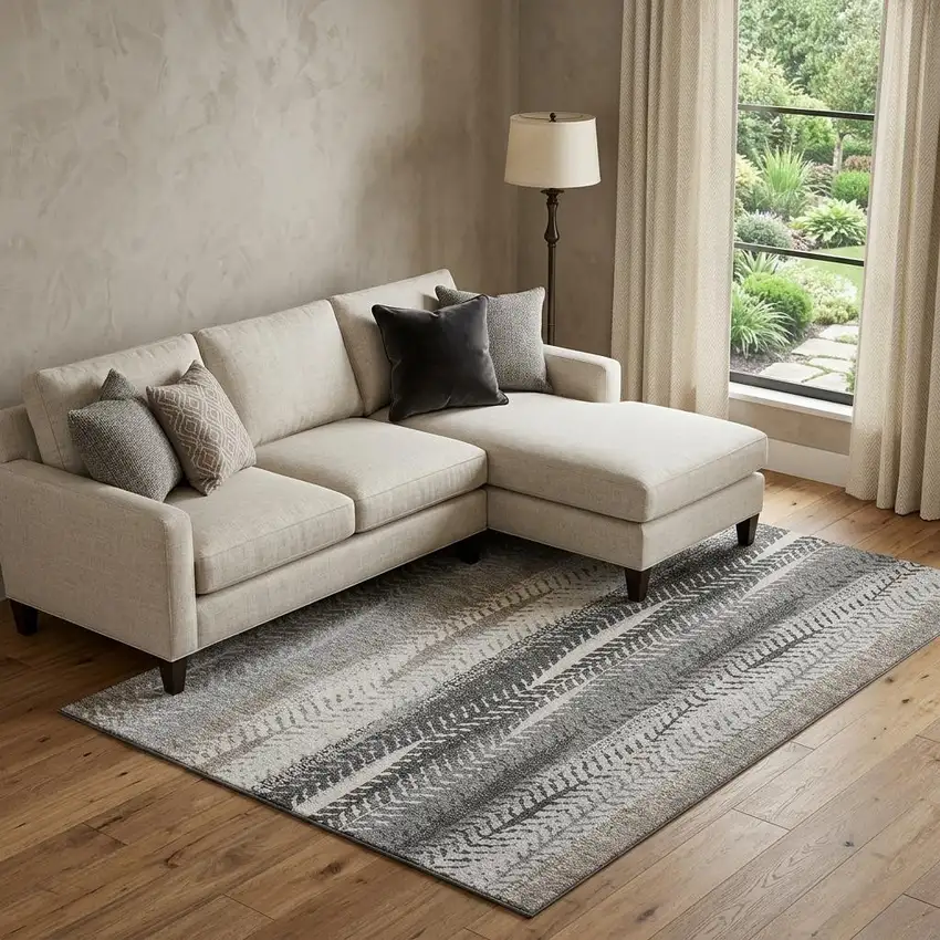 Khaki Ivory And Gray Striped Washable Area Rug With UV Protection Photo 1