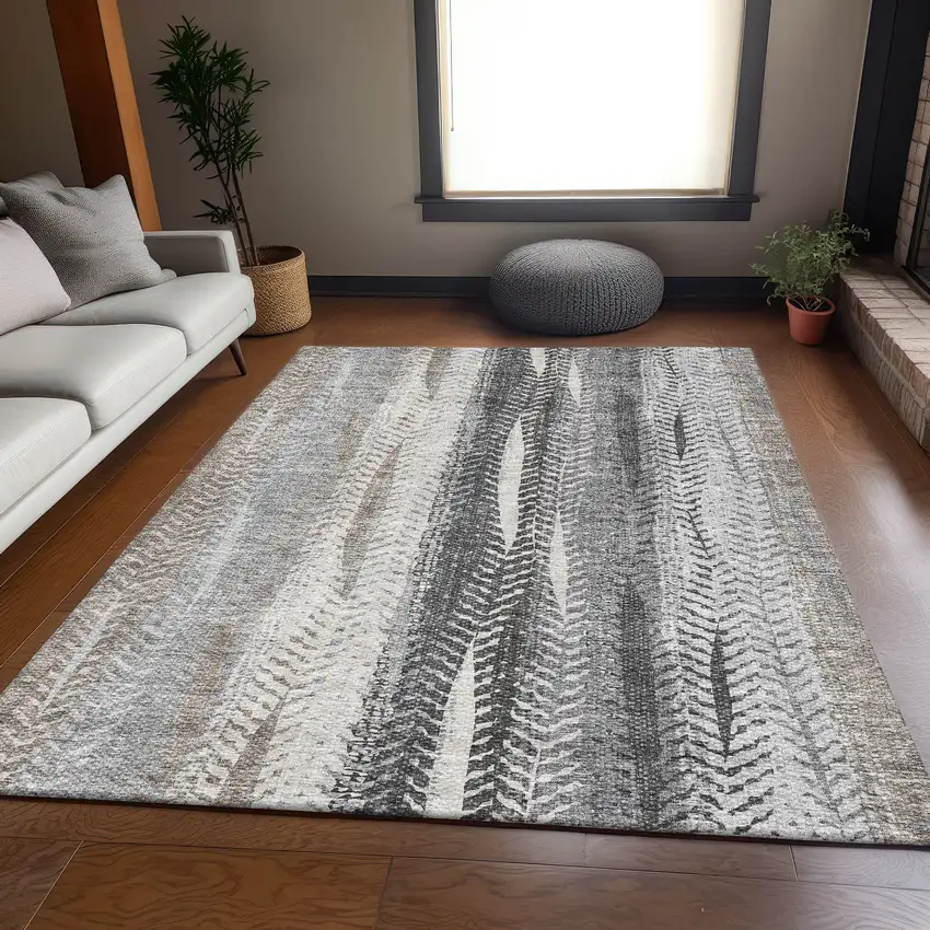Khaki Ivory And Gray Striped Washable Area Rug With UV Protection Photo 5
