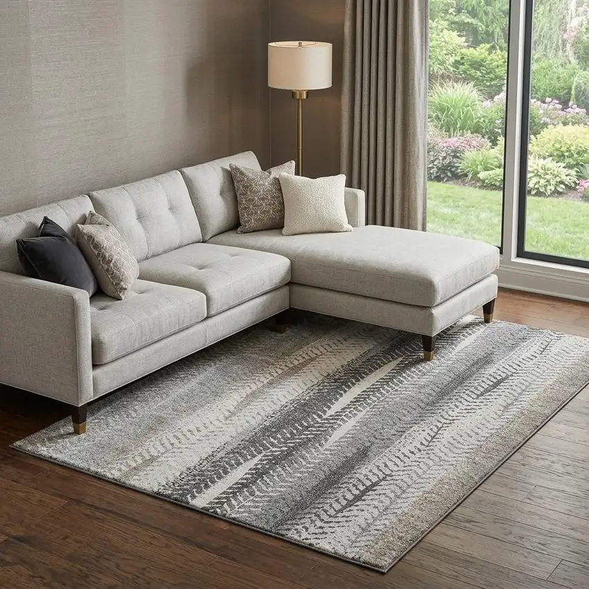 Khaki Ivory And Gray Striped Washable Area Rug With UV Protection Photo 1