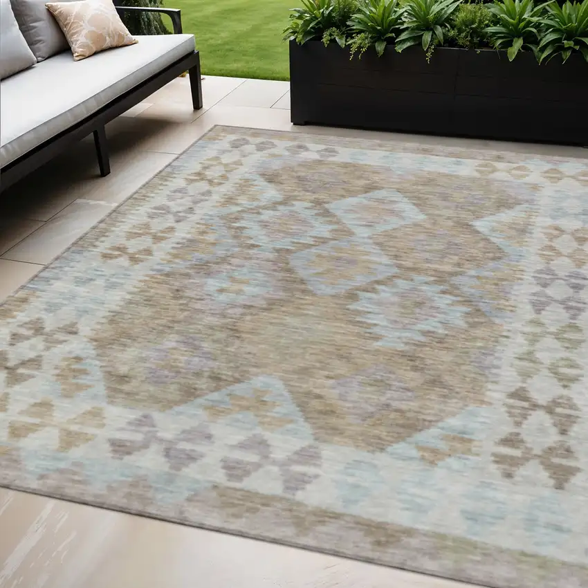 Khaki Ivory And Gray Tribal Washable Indoor Outdoor Area Rug Photo 2