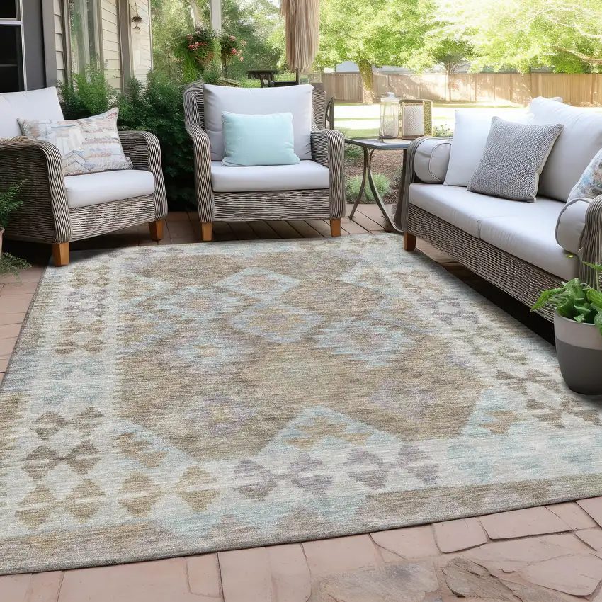 Khaki Ivory And Gray Tribal Washable Indoor Outdoor Area Rug Photo 6