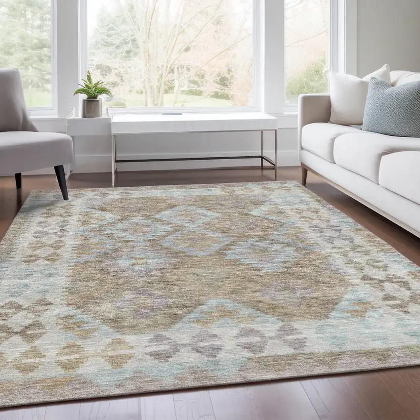 Khaki Ivory And Gray Tribal Washable Indoor Outdoor Area Rug Photo 8