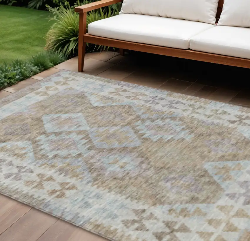 Khaki Ivory And Gray Tribal Washable Indoor Outdoor Area Rug Photo 2
