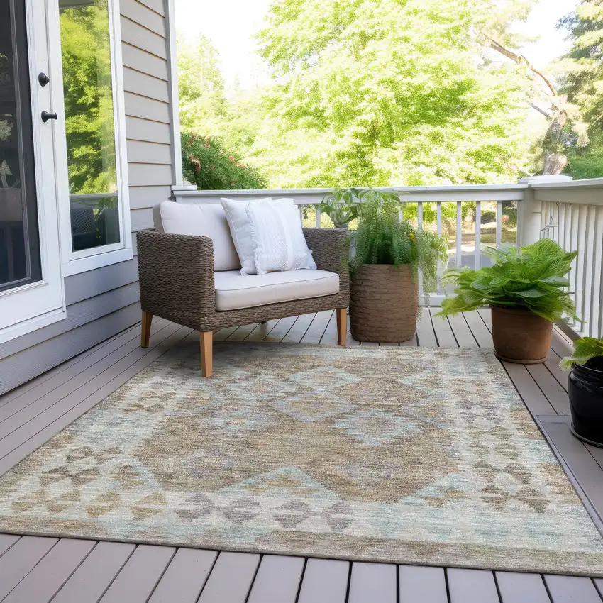 Khaki Ivory And Gray Tribal Washable Indoor Outdoor Area Rug Photo 9