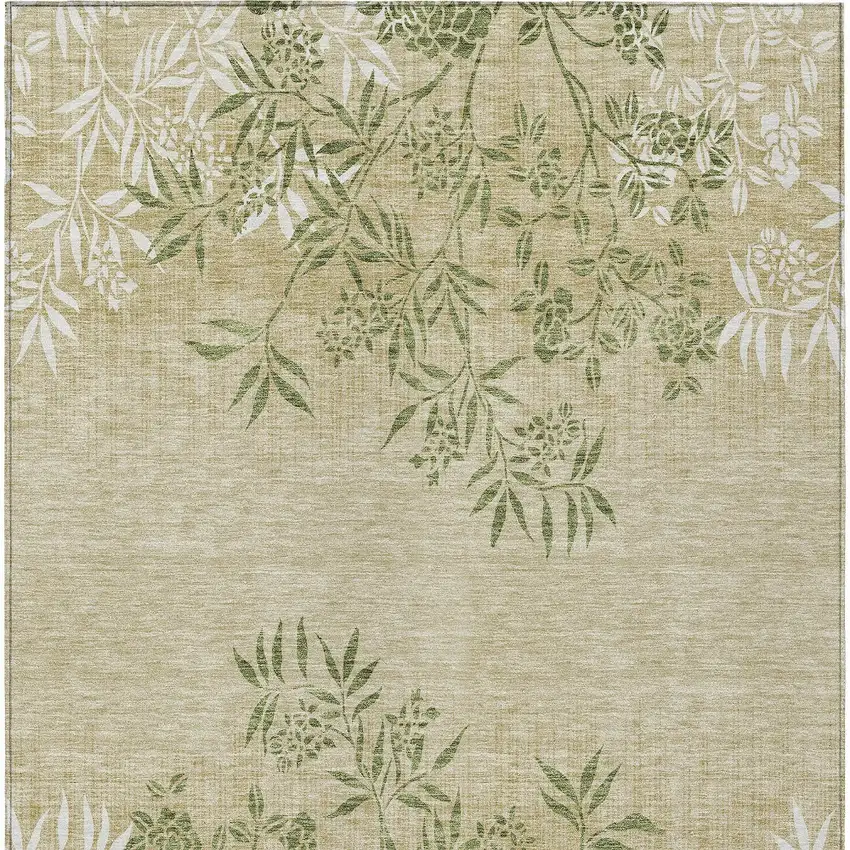 Khaki Ivory And Green Floral Washable Indoor Outdoor Area Rug Photo 6