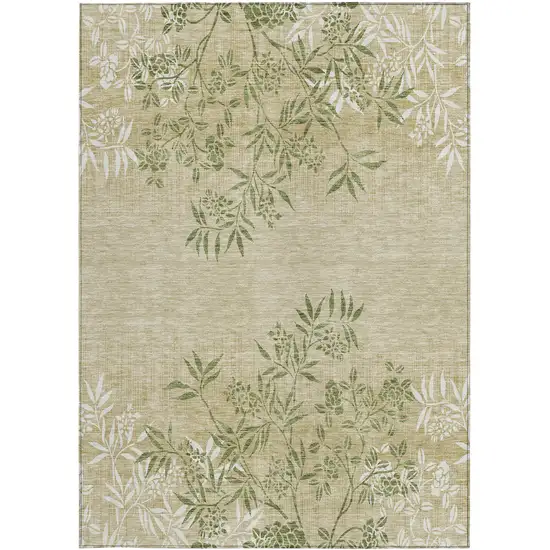 Khaki Ivory And Green Floral Washable Indoor Outdoor Area Rug Photo 7