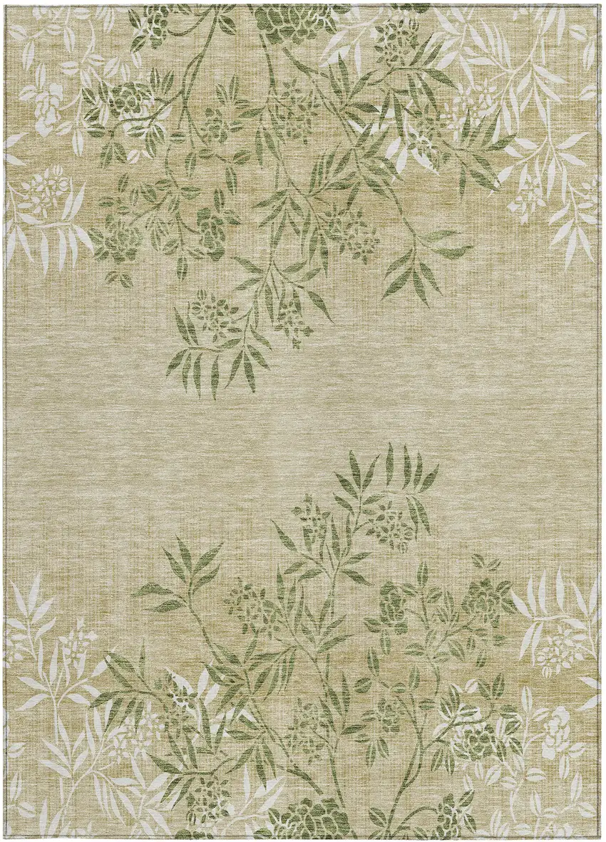 Khaki Ivory And Green Floral Washable Indoor Outdoor Area Rug Photo 7