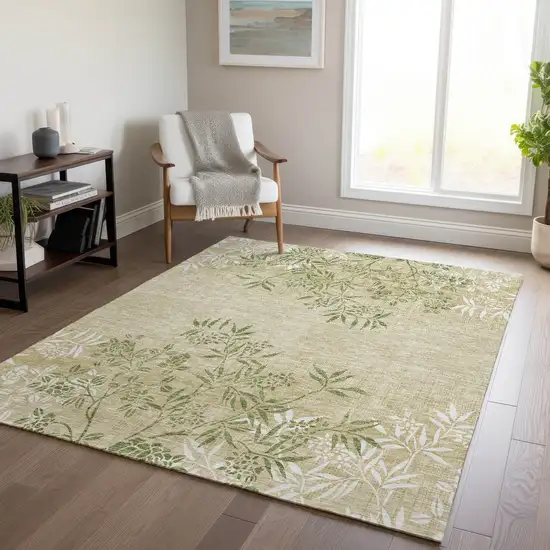 Khaki Ivory And Green Floral Washable Indoor Outdoor Area Rug Photo 9