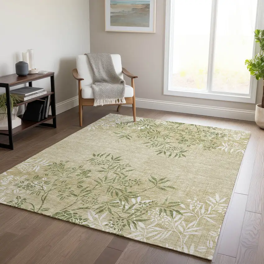 Khaki Ivory And Green Floral Washable Indoor Outdoor Area Rug Photo 9