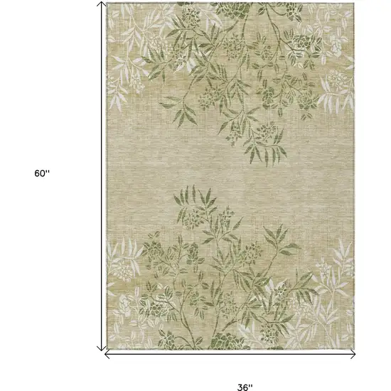 Khaki Ivory And Green Floral Washable Indoor Outdoor Area Rug Photo 3