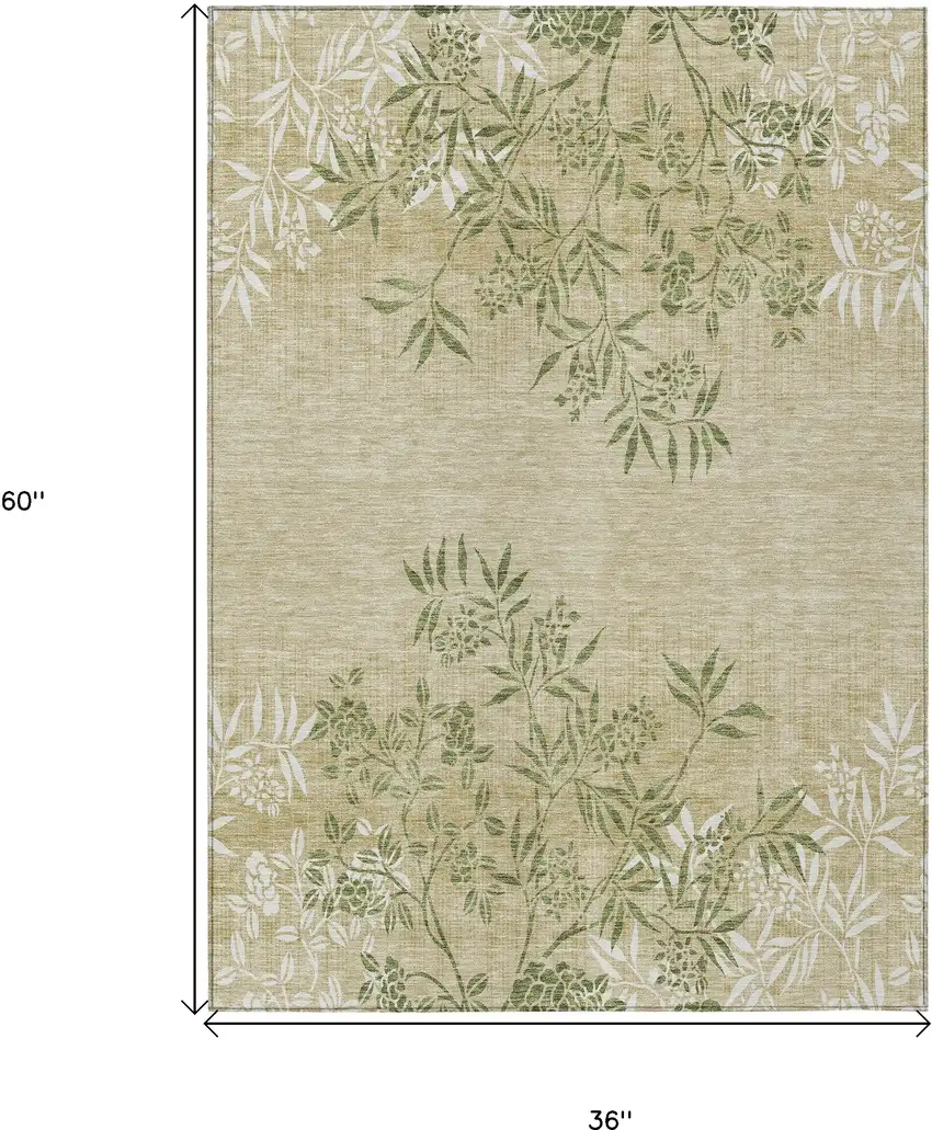 Khaki Ivory And Green Floral Washable Indoor Outdoor Area Rug Photo 3