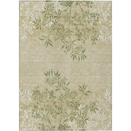 Khaki Ivory And Green Floral Washable Indoor Outdoor Area Rug Photo 2