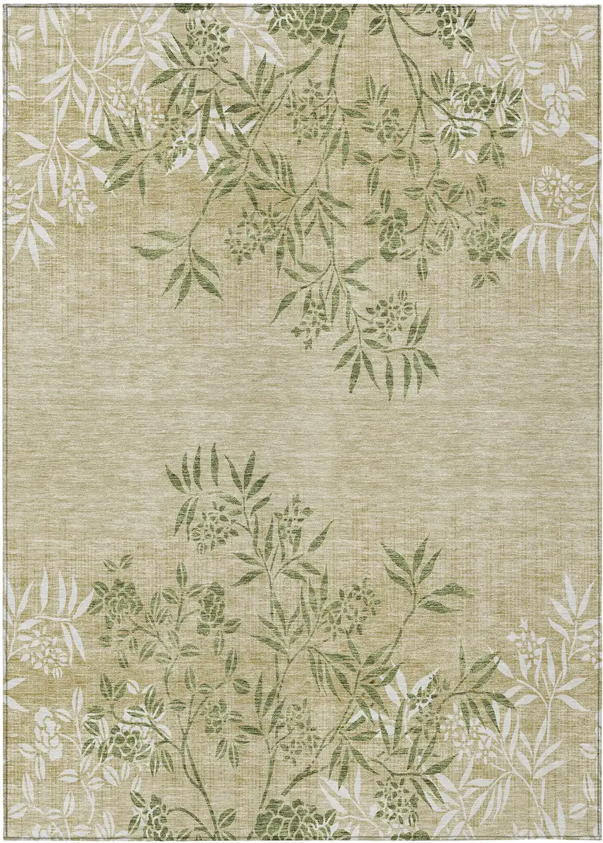 Khaki Ivory And Green Floral Washable Indoor Outdoor Area Rug Photo 2