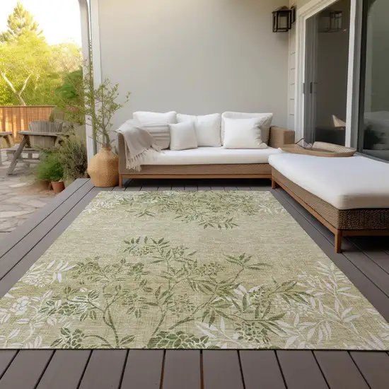 Khaki Ivory And Green Floral Washable Indoor Outdoor Area Rug Photo 8