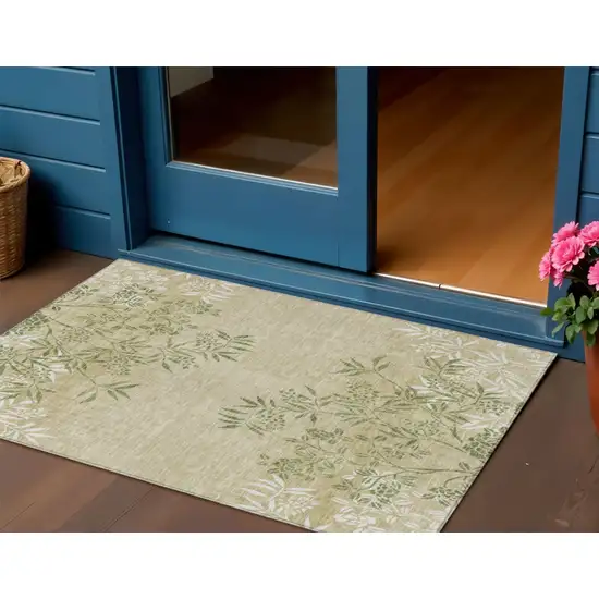 Khaki Ivory And Green Floral Washable Indoor Outdoor Area Rug Photo 1