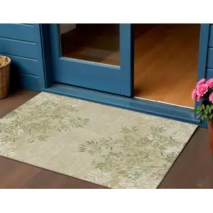 Photo of Khaki Ivory And Green Floral Washable Indoor Outdoor Area Rug