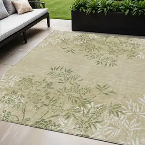 Photo of Khaki Ivory And Green Floral Washable Indoor Outdoor Area Rug
