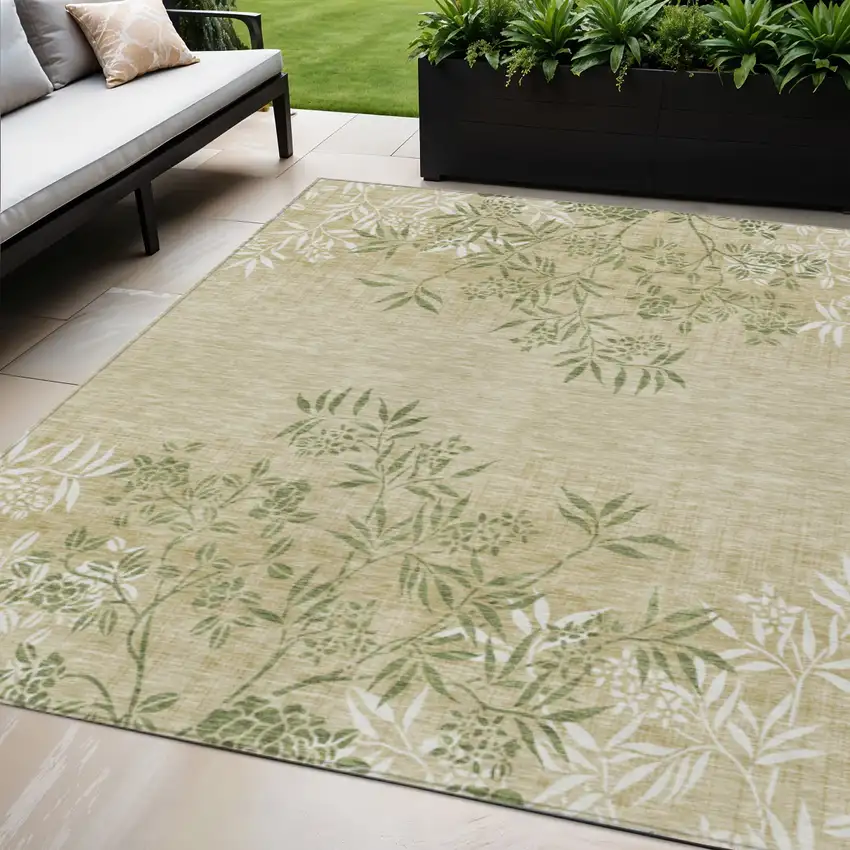 Khaki Ivory And Green Floral Washable Indoor Outdoor Area Rug Photo 1