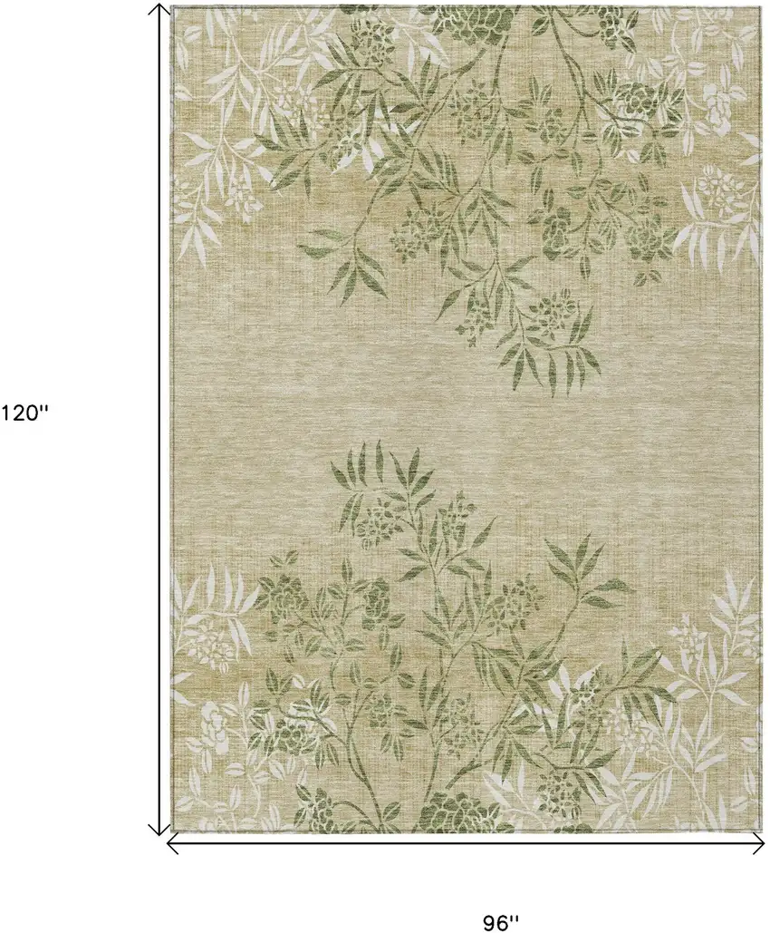 Khaki Ivory And Green Floral Washable Indoor Outdoor Area Rug Photo 3