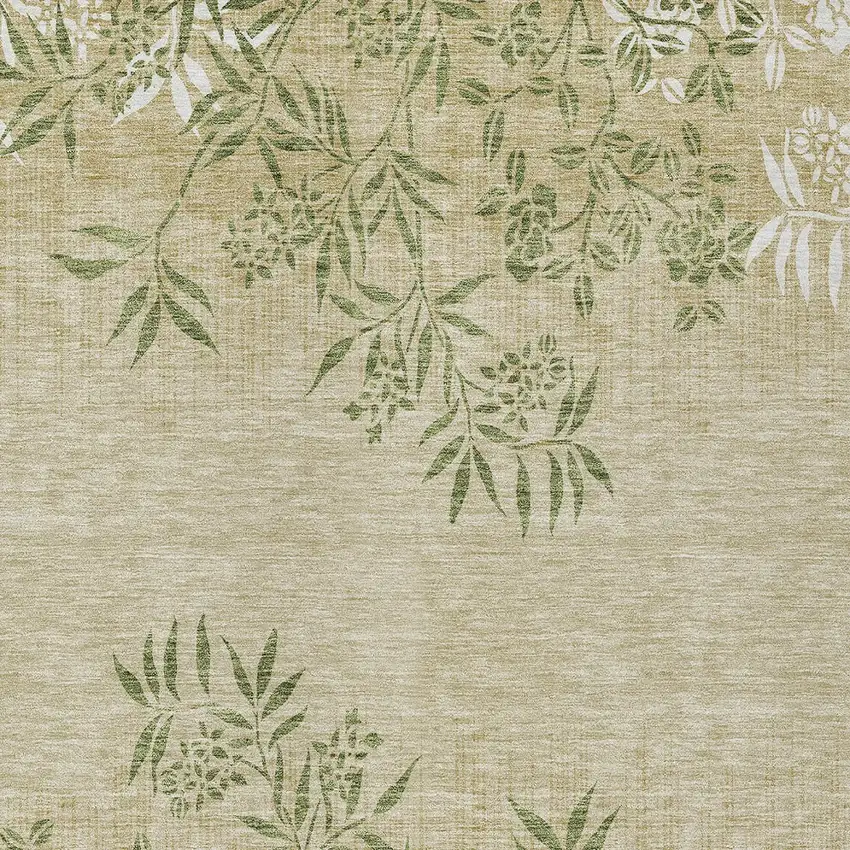 Khaki Ivory And Green Floral Washable Indoor Outdoor Area Rug Photo 6