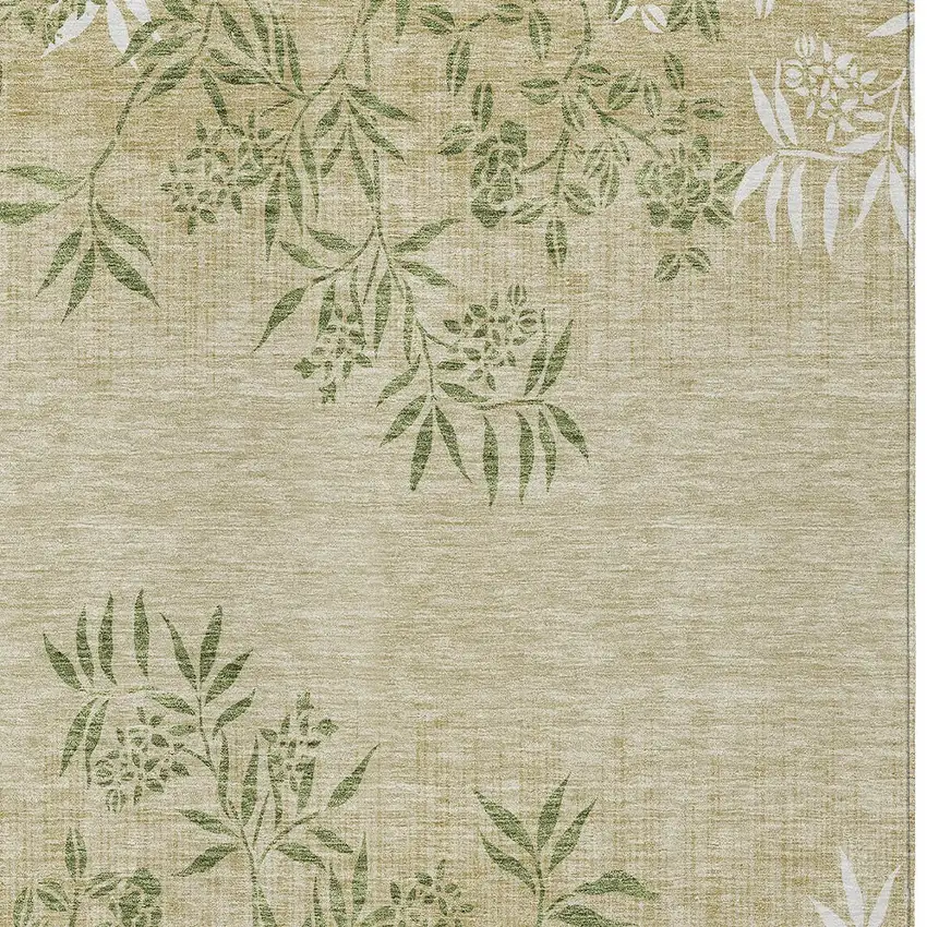 Khaki Ivory And Green Floral Washable Indoor Outdoor Area Rug Photo 6