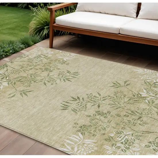 Khaki Ivory And Green Floral Washable Indoor Outdoor Area Rug Photo 1