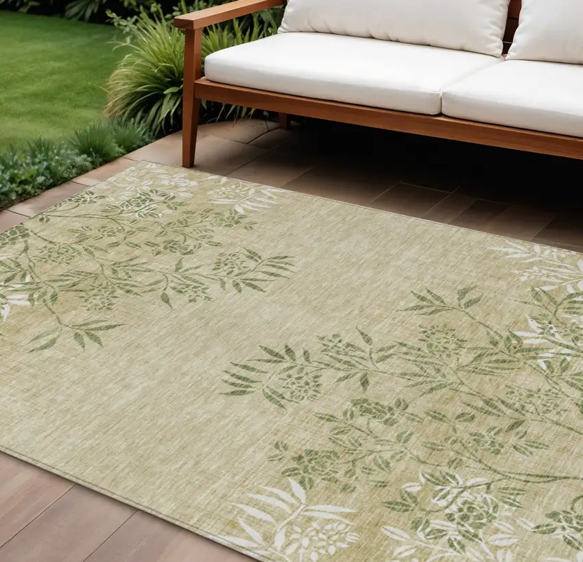 Khaki Ivory And Green Floral Washable Indoor Outdoor Area Rug Photo 1