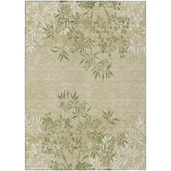 Khaki Ivory And Green Floral Washable Indoor Outdoor Area Rug Photo 2