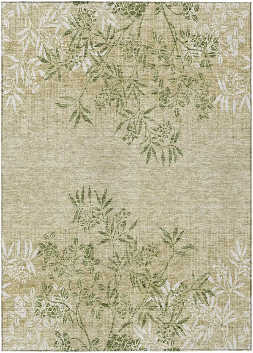 Khaki Ivory And Green Floral Washable Indoor Outdoor Area Rug Photo 2