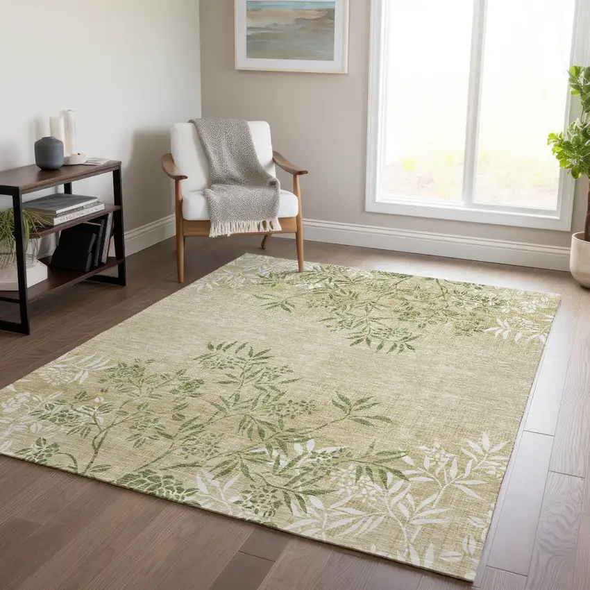 Khaki Ivory And Green Floral Washable Indoor Outdoor Area Rug Photo 9