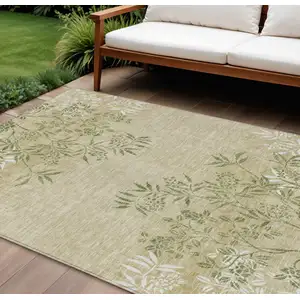 Photo of Khaki Ivory And Green Floral Washable Indoor Outdoor Area Rug